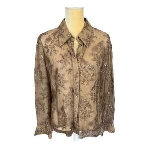 Dina Bar-El Vintage Gold Taupe Sheer Lace Blouse Top Size Large